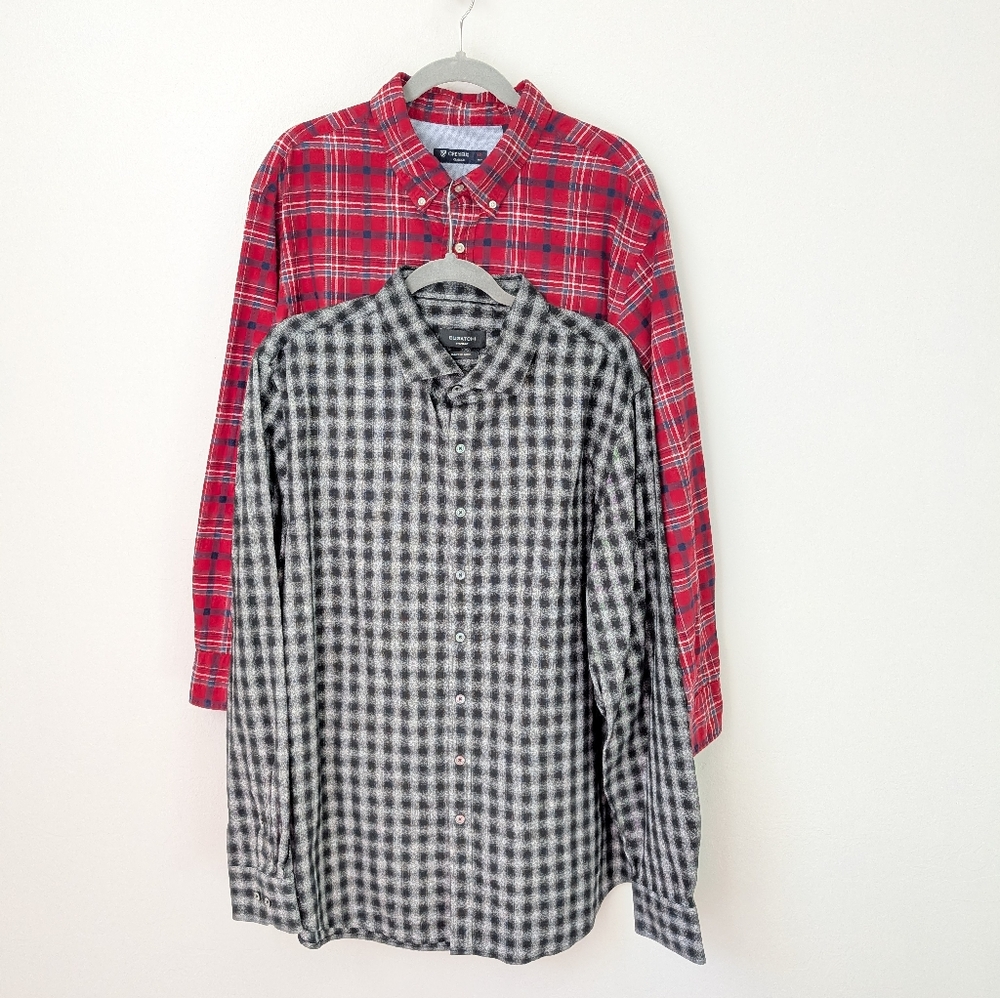 Cremieux Red PLAID & Bugatchi Men's Black Shirt Long Sleeve Both Size XXL Bundle